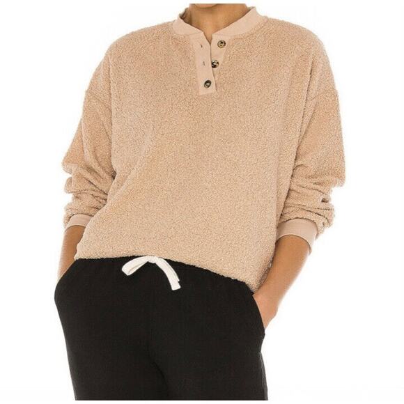 Donni Camel Tan Sherpa Long Sleeve Henley Oversized Pullover Sweatshirt SM/MD - Picture 1 of 14